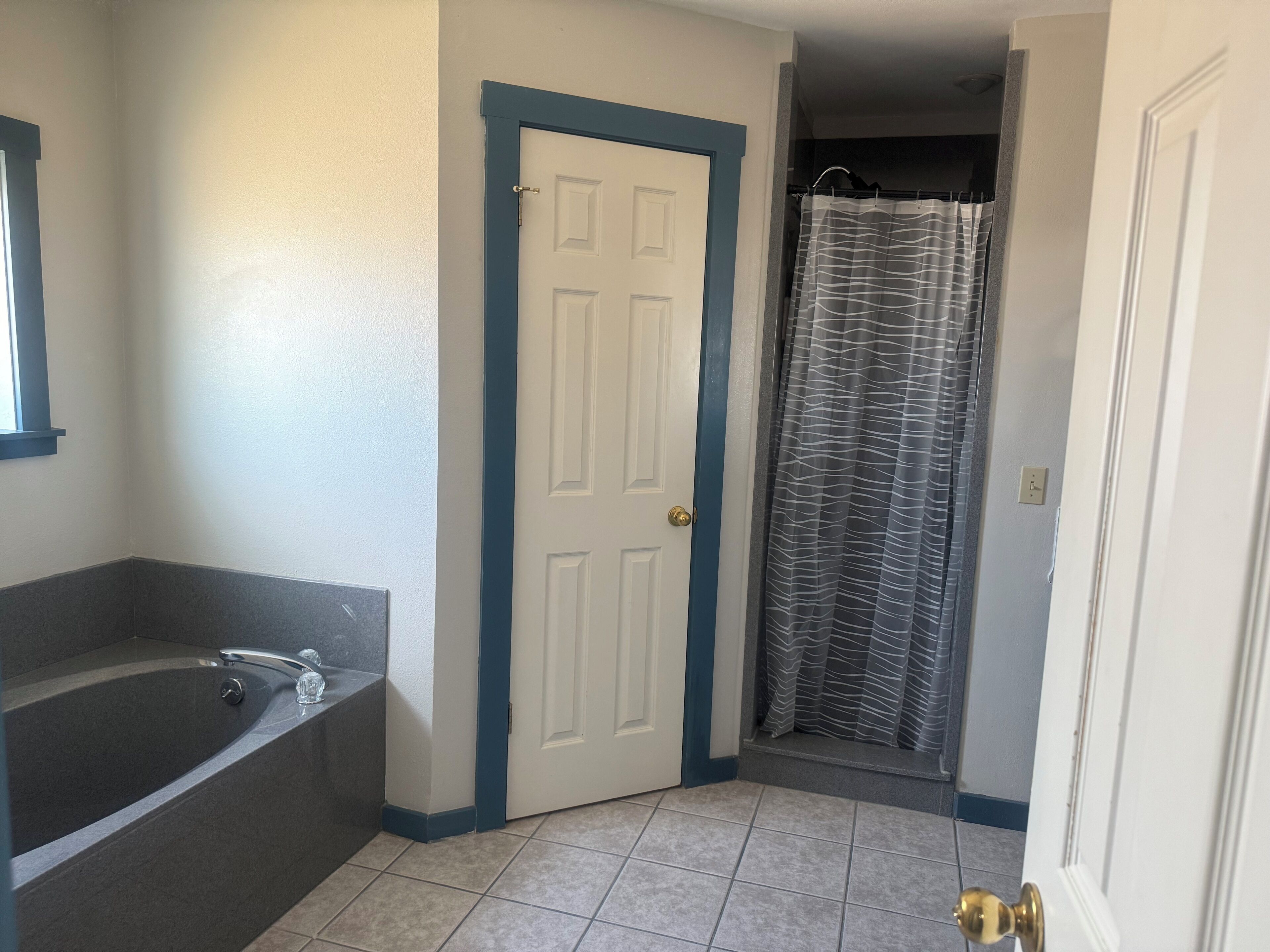 A bathroom with a bathtub, a white door with blue trim, and a shower curtain.