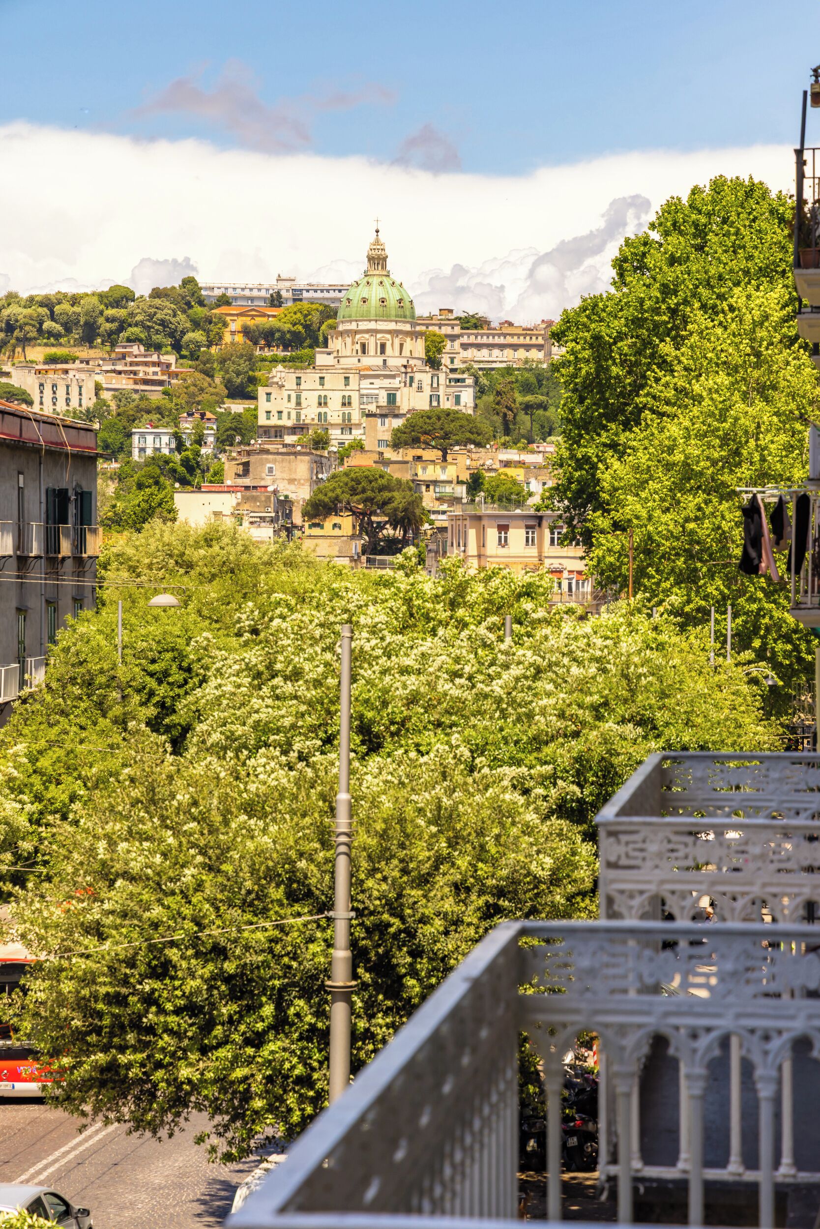 Paisatge urbà amb un edifici destacat amb teulada verda, envoltat de vegetació abundant i edificis residencials.