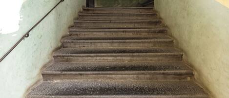 Un escalier avec une rampe, menant à l’étage supérieur.