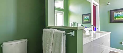 A bathroom with a green wall, white toilet, and a sink with a mirror above it.