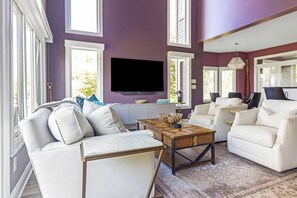 Smart TV, fireplace, foosball, computer monitors