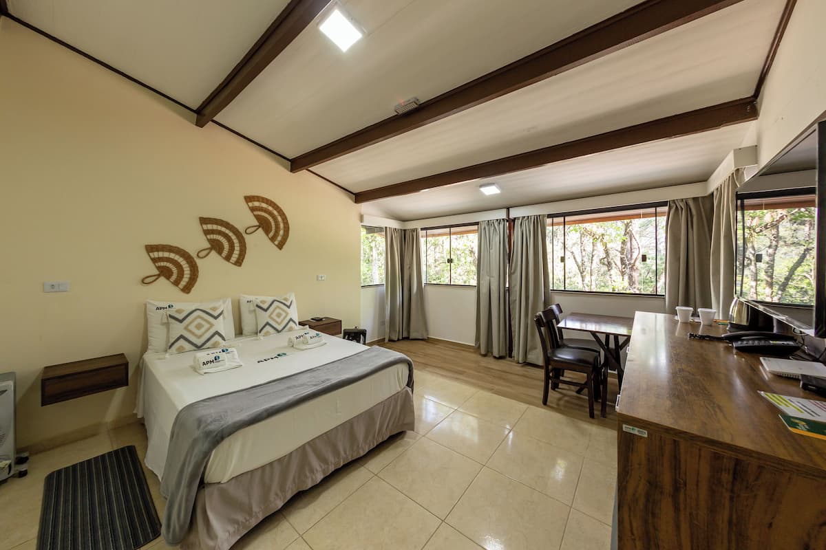 A hotel room with a bed, desk, and large windows.