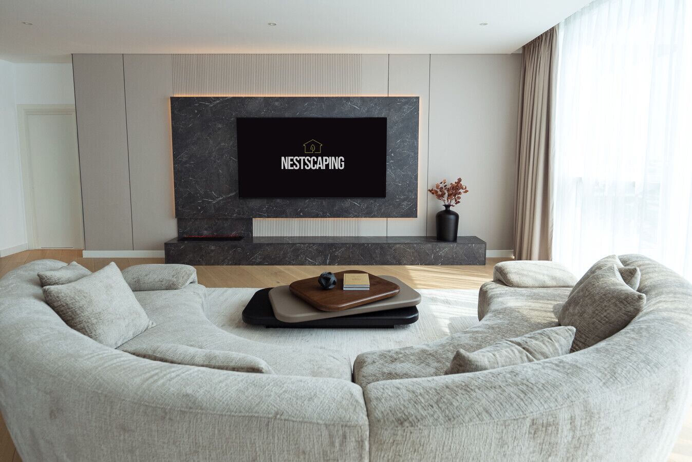 Una televisión, una chimenea, libros