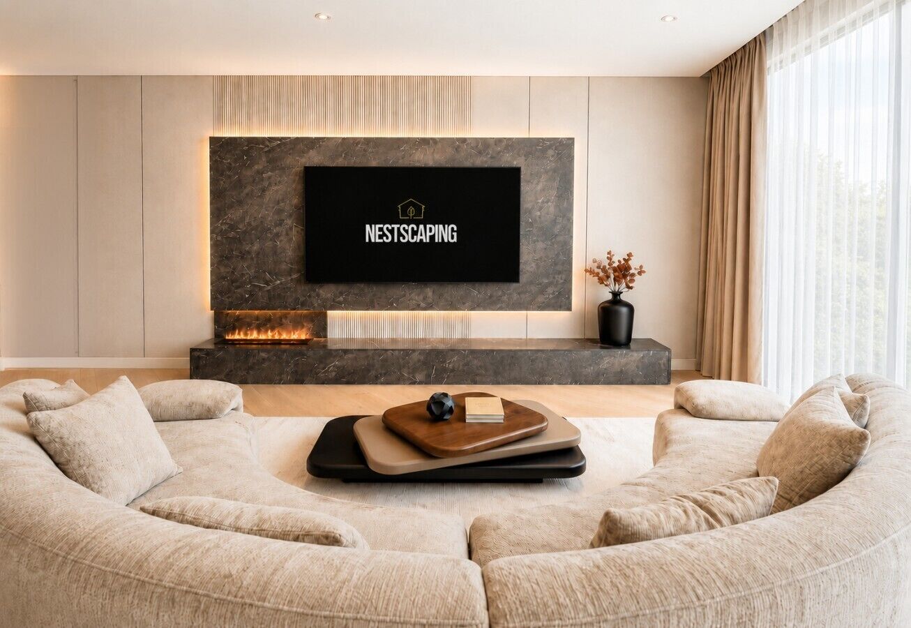 Una sala moderna con un televisor de pantalla plana grande montado en una pared oscura, una chimenea abajo y un sofá seccional color beige.