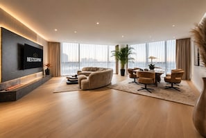 Un salon moderne doté d’un téléviseur à écran plat, d’un canapé, d’une table à manger avec des chaises et d’une grande fenêtre avec des rideaux.
