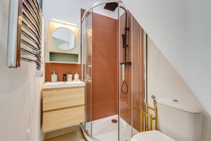 Shower, hair dryer, towels