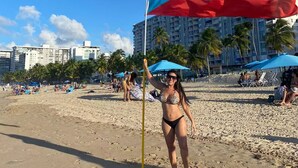 Une scène de plage avec un drapeau, des palmiers et des bâtiments en arrière-plan.
