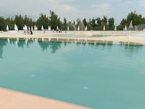 Ein Schwimmbad mit Liegestühlen und Sonnenschirmen, umgeben von Bäumen.