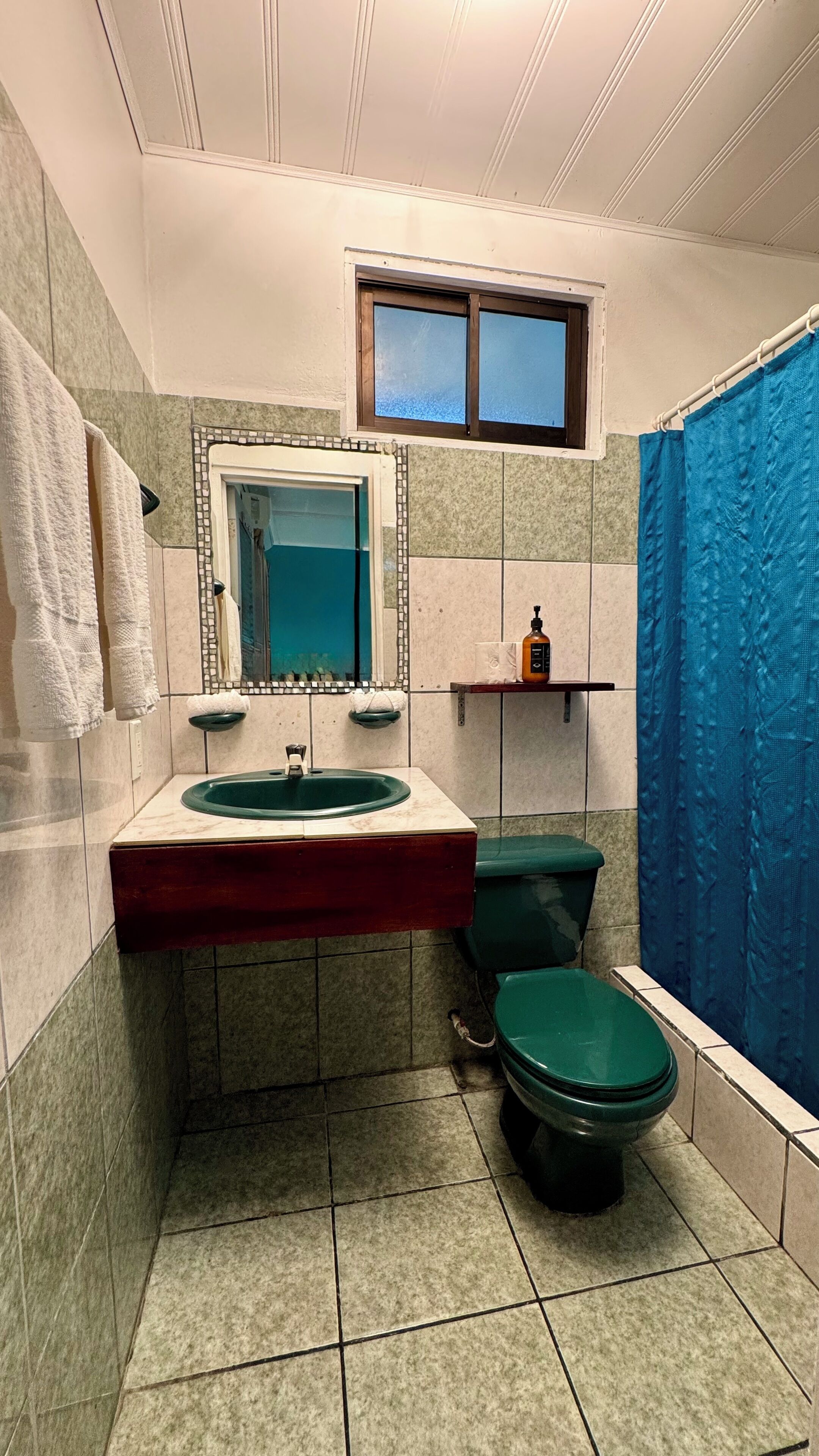 A bathroom with a sink, mirror, toilet, and shower curtain.