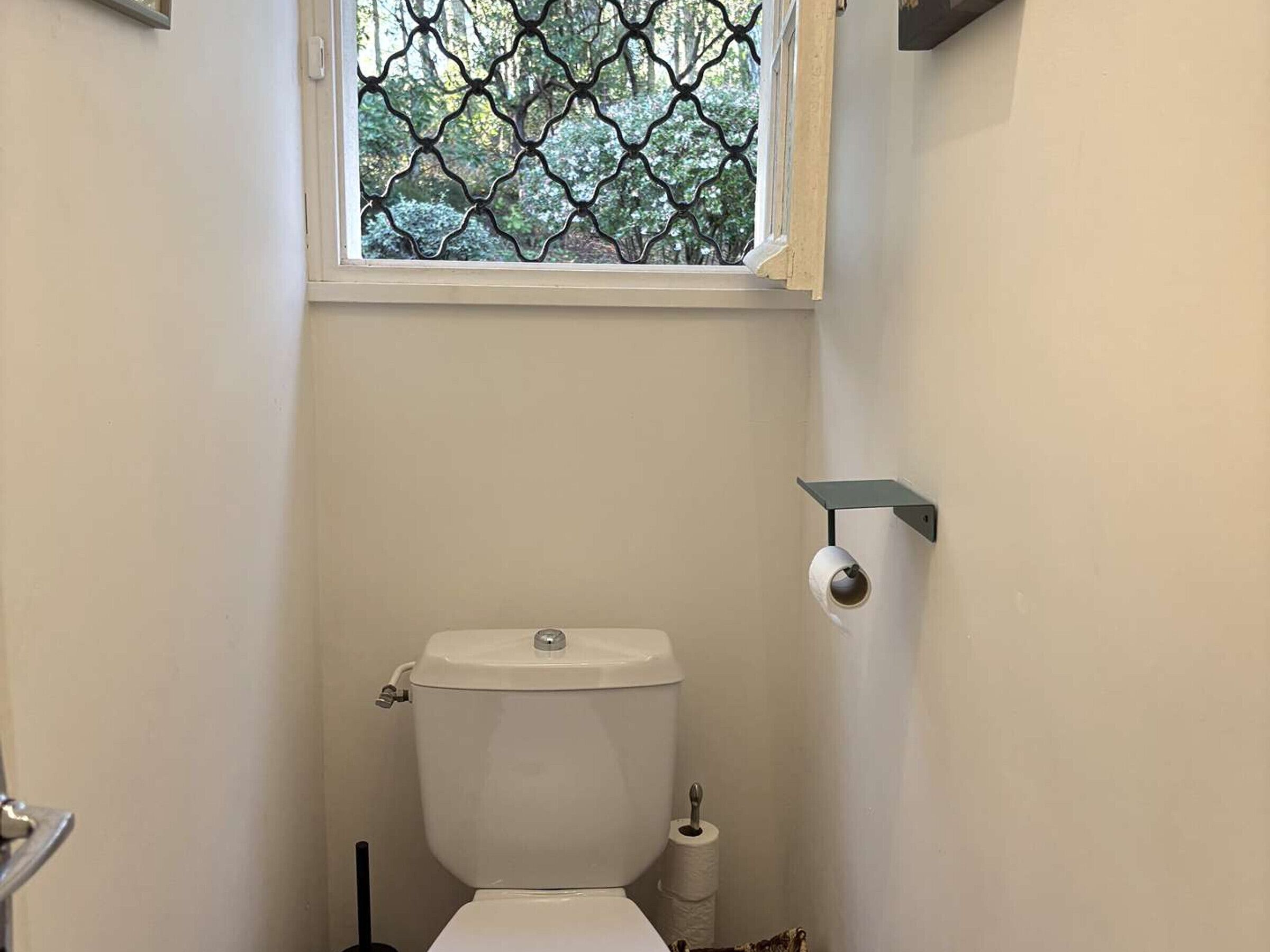 A small bathroom with a toilet, a window with a metal screen, and a toilet paper holder on the wall.