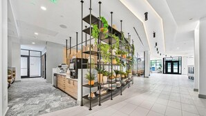 Un vestíbulo moderno con un arreglo de plantas en el centro, una recepción y un amplio espacio con piso de baldosas.