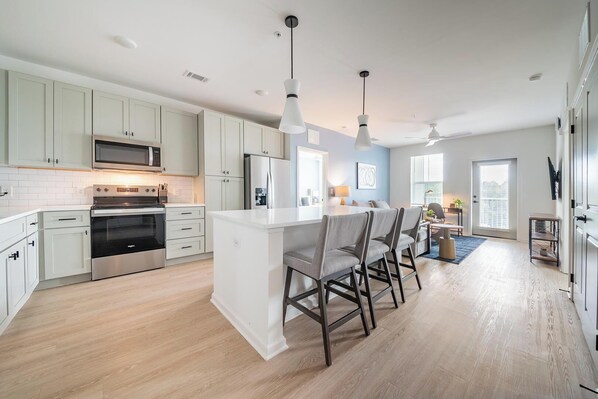 Fridge, dining tables