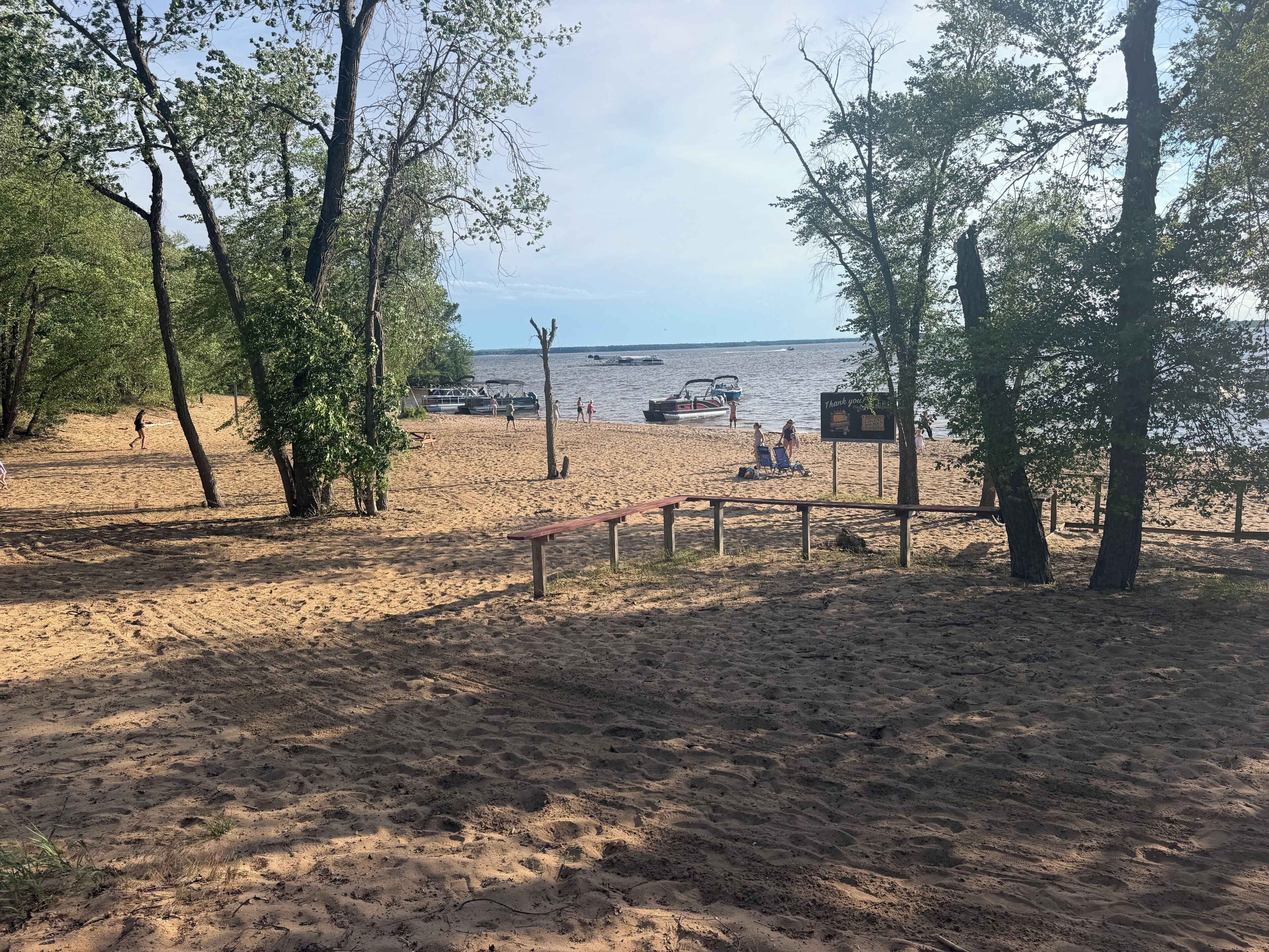 A sandy beach with trees, a bench, and a signboard.