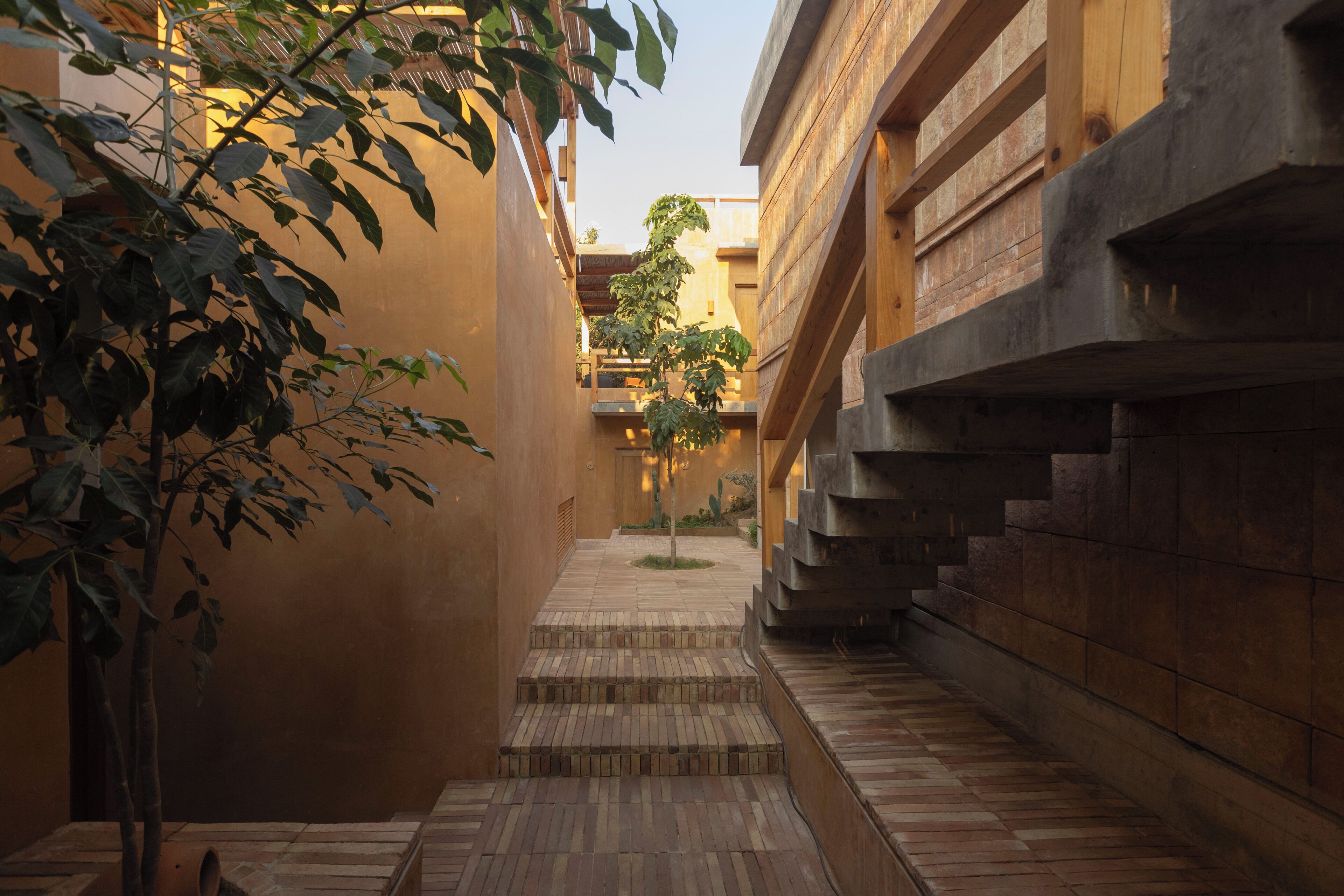 Un estrecho patio con una escalera que conduce a un nivel superior, rodeado de muros de ladrillo y un árbol.