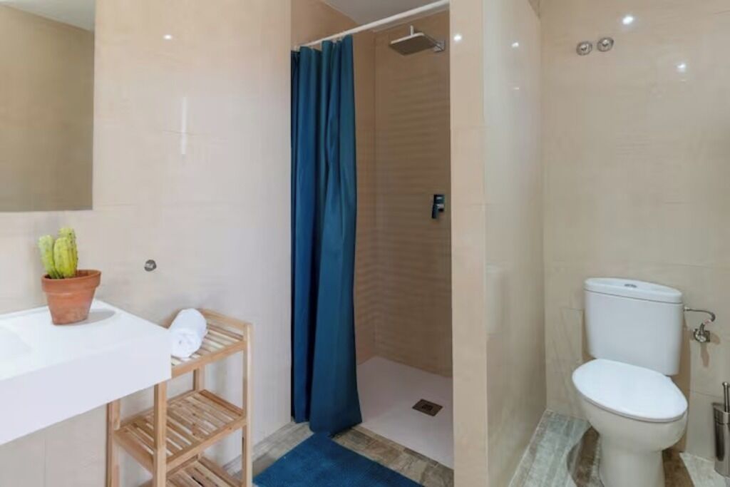Une salle de bain avec un lavabo blanc, des toilettes, une douche avec un rideau bleu et une étagère en bois sur laquelle est posée une plante en pot.