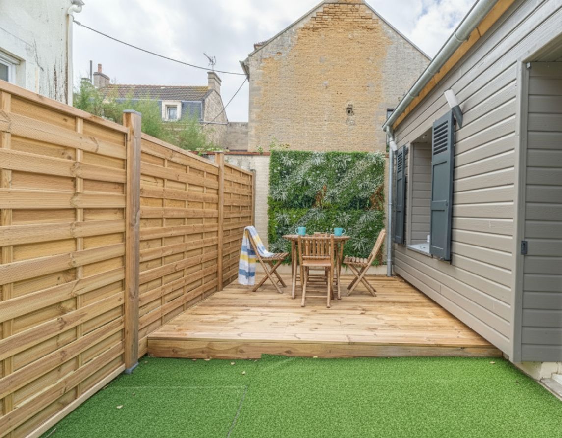 Une terrasse en bois avec une table et des chaises, entourée d’une clôture en bois et d’un mur végétal.