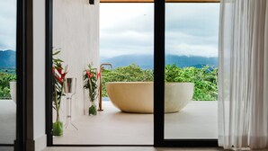 A modern interior with a large window overlooking a lush garden and mountains.