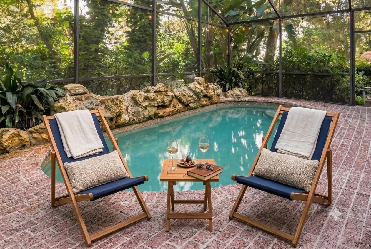 An indoor pool area with two lounge chairs, a table with glasses and fruits, and a view of lush greenery through large windows.