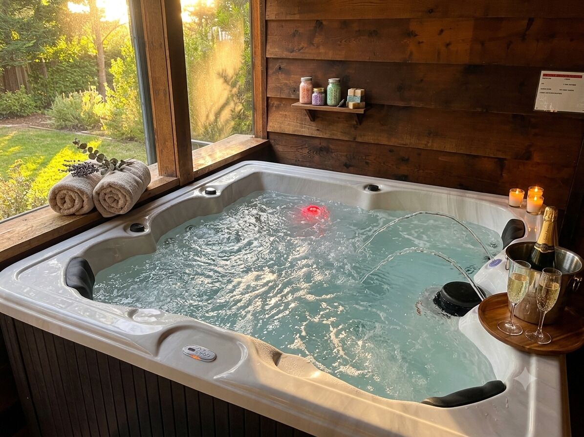 Ein Whirlpool mit Holzvertäfelung, ein Fenster mit Blick ins Grüne und ein Regal mit Gläsern und Kerzen.
