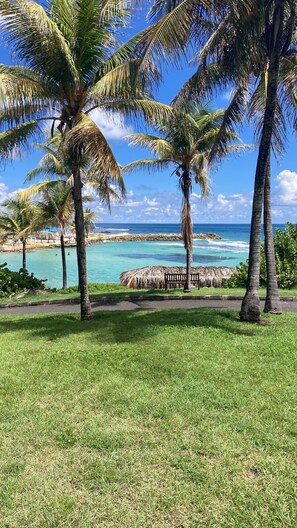 A tropical beach with palm trees, a thatched-roof structure, and a view of the ocean. - Le Catelya: A Tropical Retreat with Beach Access (Saint-François)