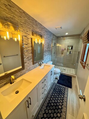 Hair dryer, towels, soap, toilet paper