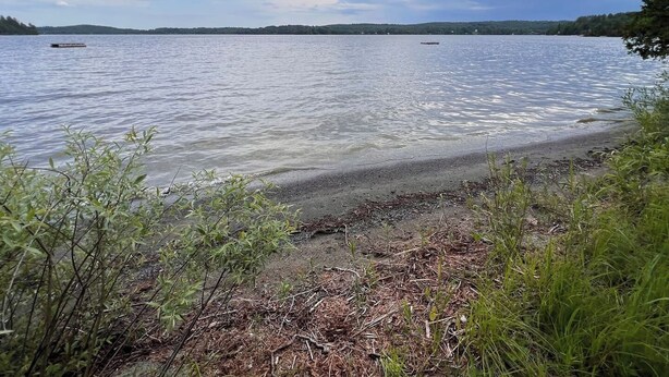 Une vue sur le lac, avec une eau limpide, une plage de sable et une végétation luxuriante tout autour.