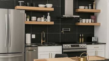 Fridge, microwave, oven, stovetop