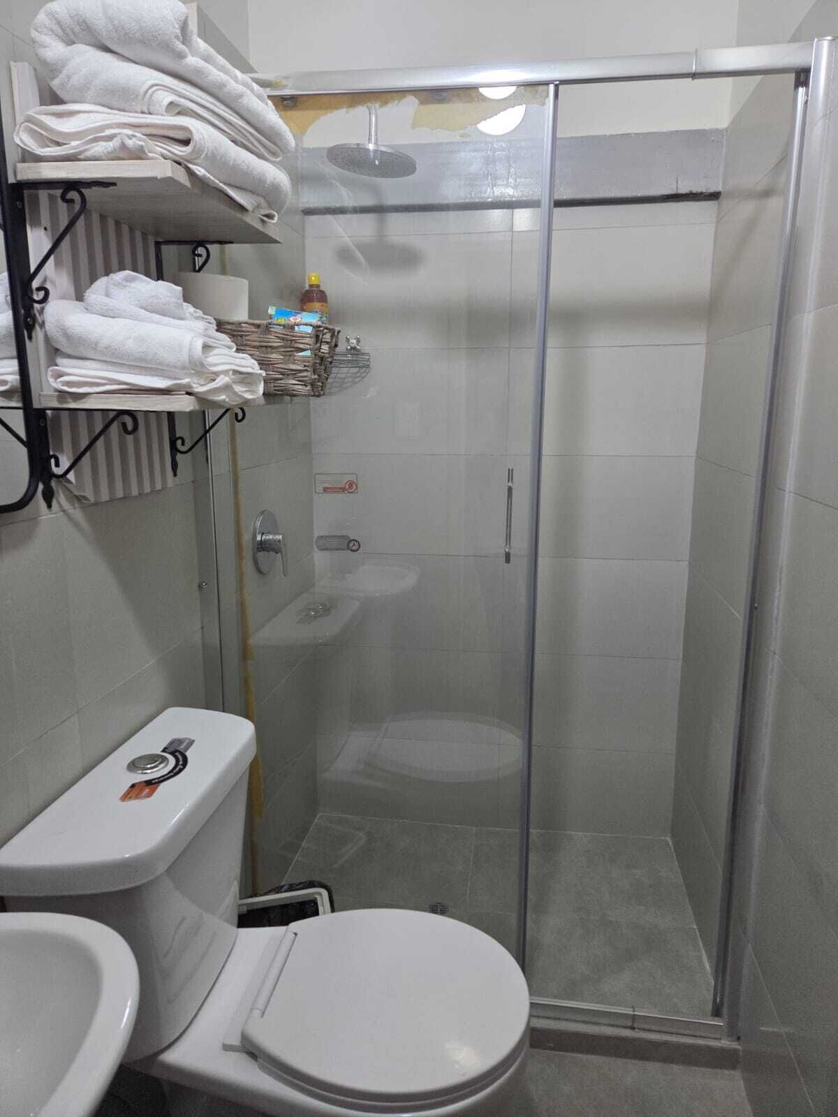 Shower, towels, toilet paper