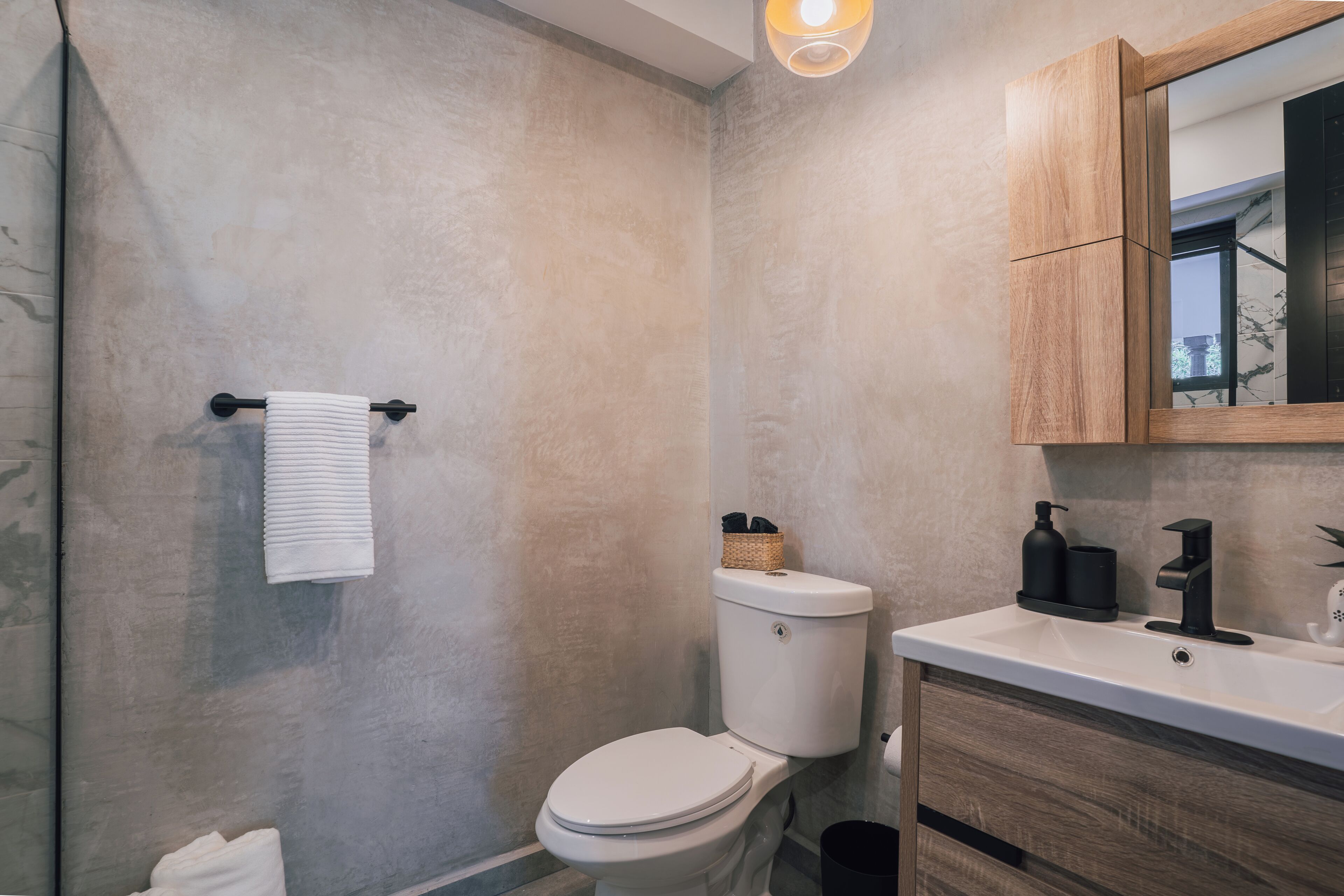 Un baño con inodoro, lavamanos y armario de madera.