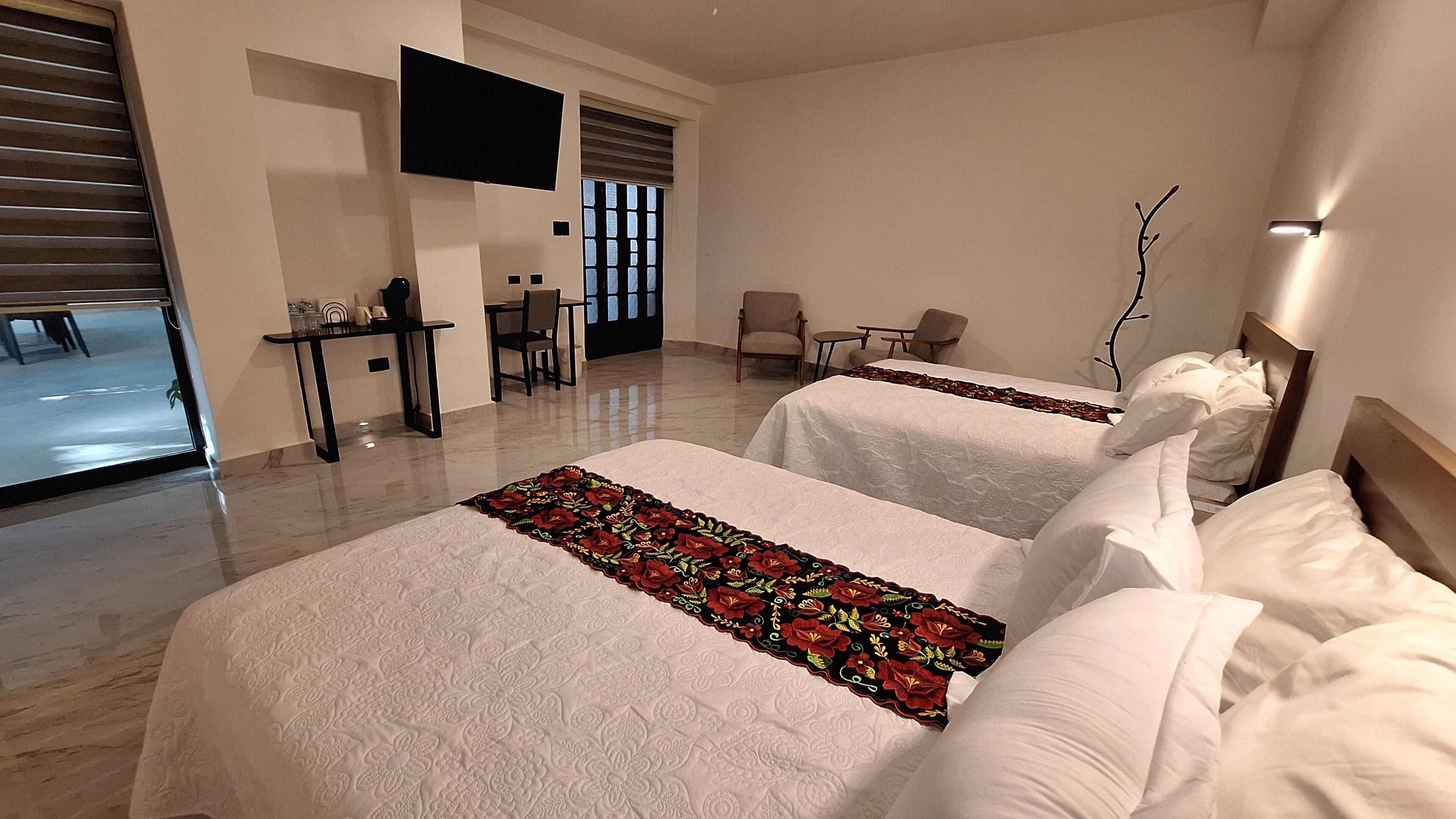 Desk, laptop workspace, free WiFi, bed sheets