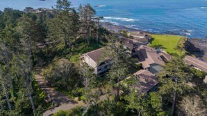 An aerial view of a coastal residential area with houses surrounded by dense forest, a clear view of the ocean, and a paved pathway. - Steps to Otter Crest Beach: Studio w/ Resort Perks (Newport)