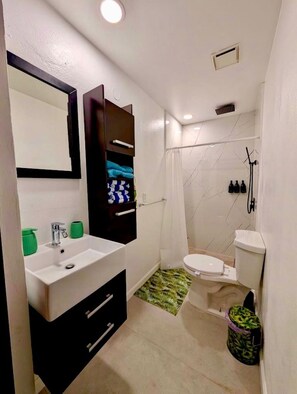 Shower, hair dryer, towels, soap - new modern Oceanfront Apartment (Arecibo)