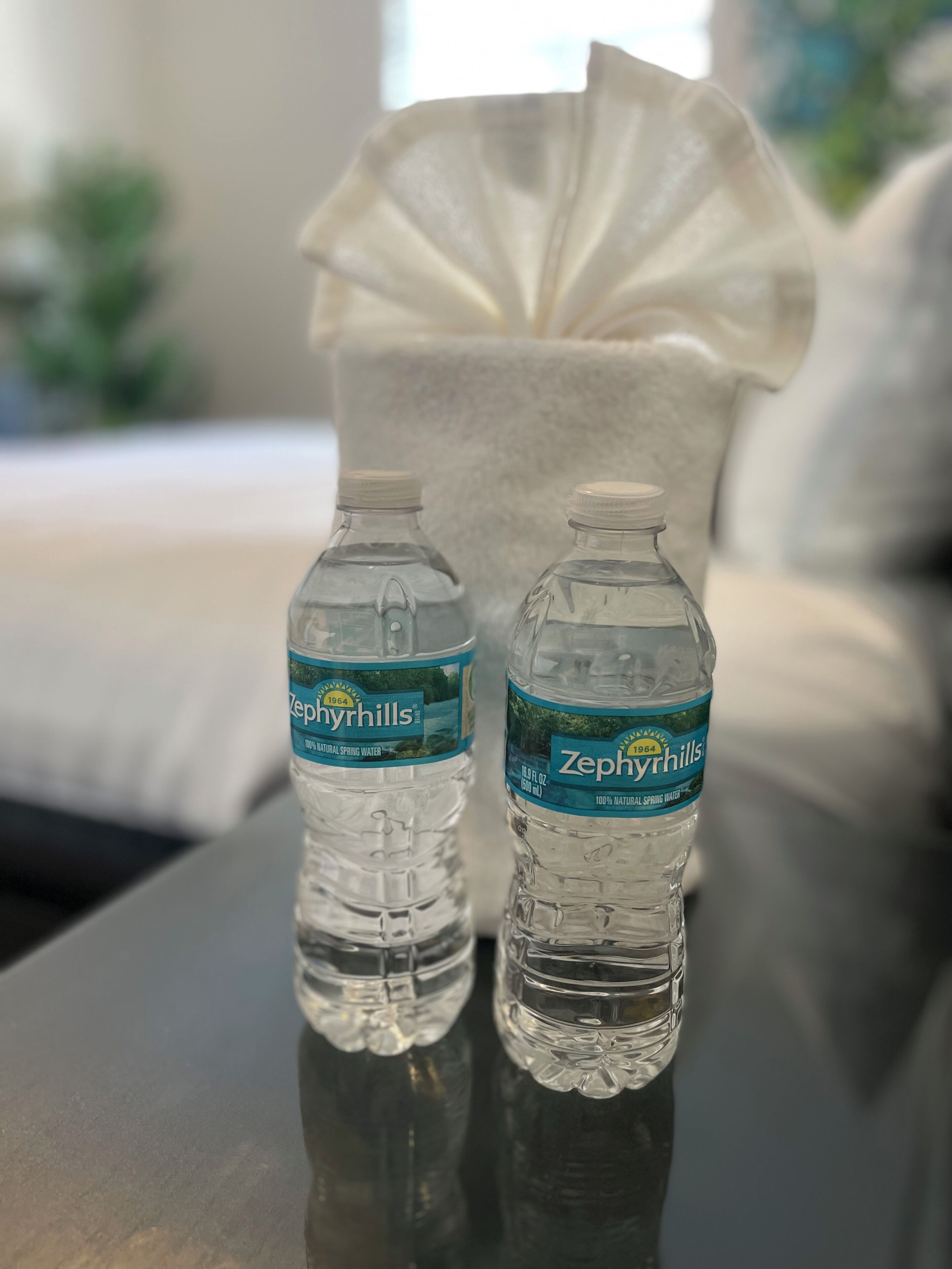 Zwei Flaschen Zephyrhills Wasser auf einer spiegelnden Fläche.