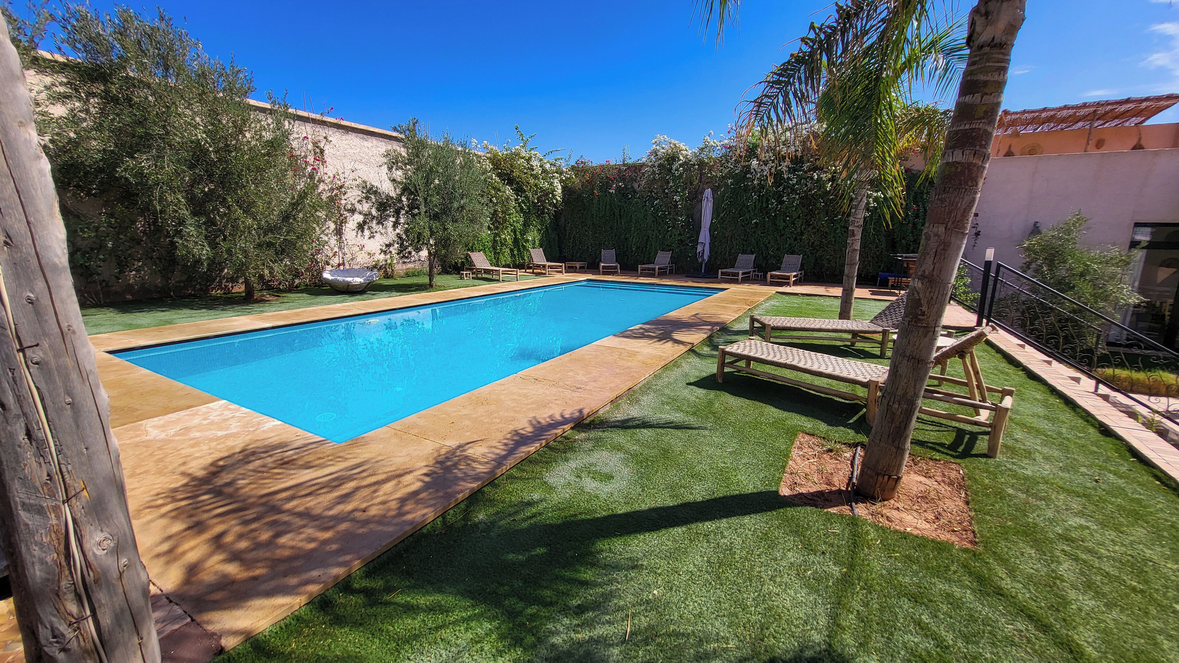 A rectangular swimming pool with a wooden deck and artificial grass surrounding it. There are lounge chairs and a palm tree nearby.