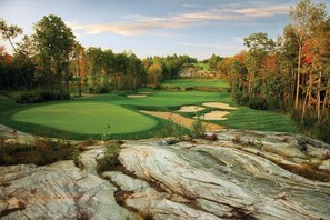 A golf course with a rocky foreground, surrounded by trees and a clear sky.