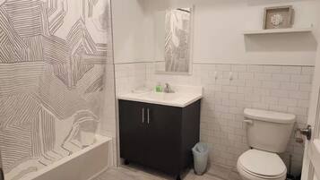 Hair dryer, towels, toilet paper