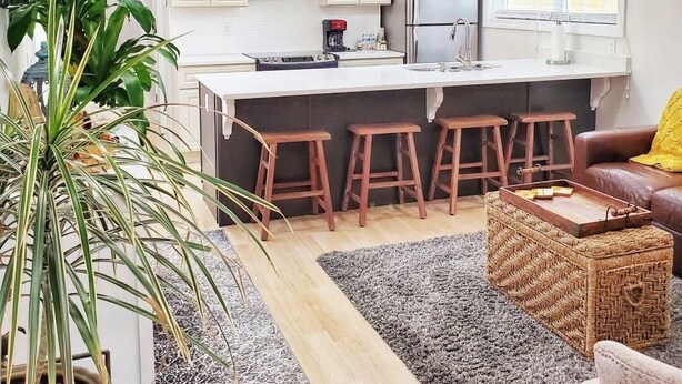 A modern kitchen with white cabinets, a central island with stools, a ceiling fan, and a large potted plant. - Ruby's Cottage / Close to Beaches & Downtown (Mount Pleasant)
