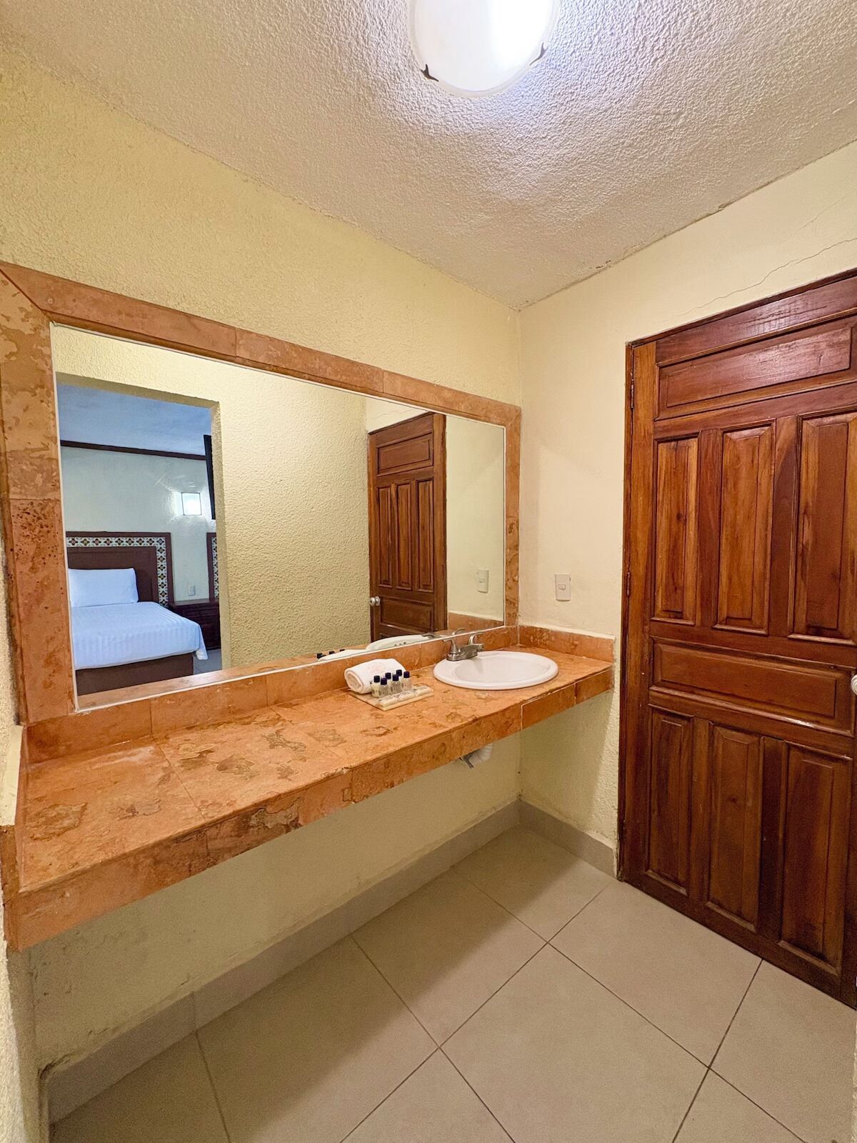 Une salle de bain avec un grand miroir, un lavabo et une porte en bois.