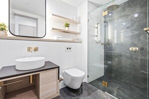 Shower, hair dryer, towels, soap