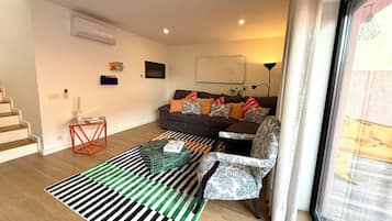 Smart TV, fireplace, books