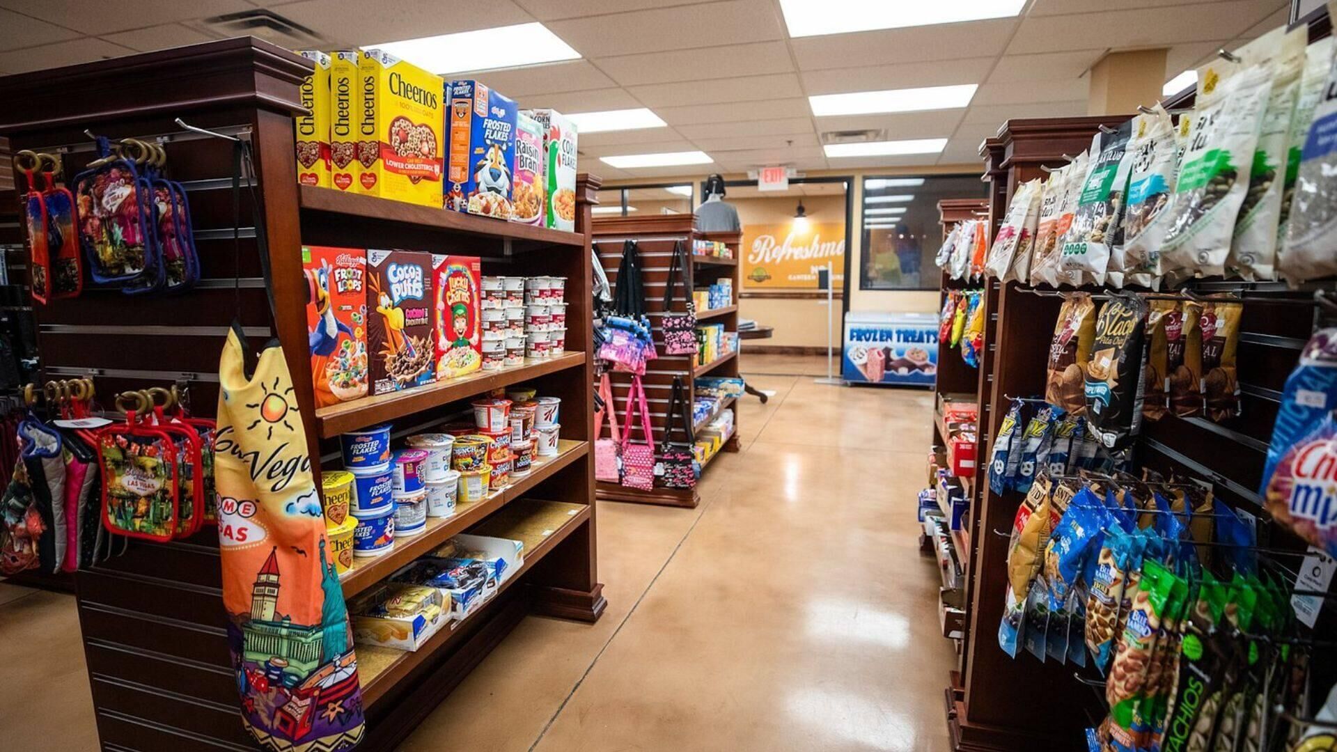 Un pasillo de supermercado con cereales, postres congelados y aperitivos.