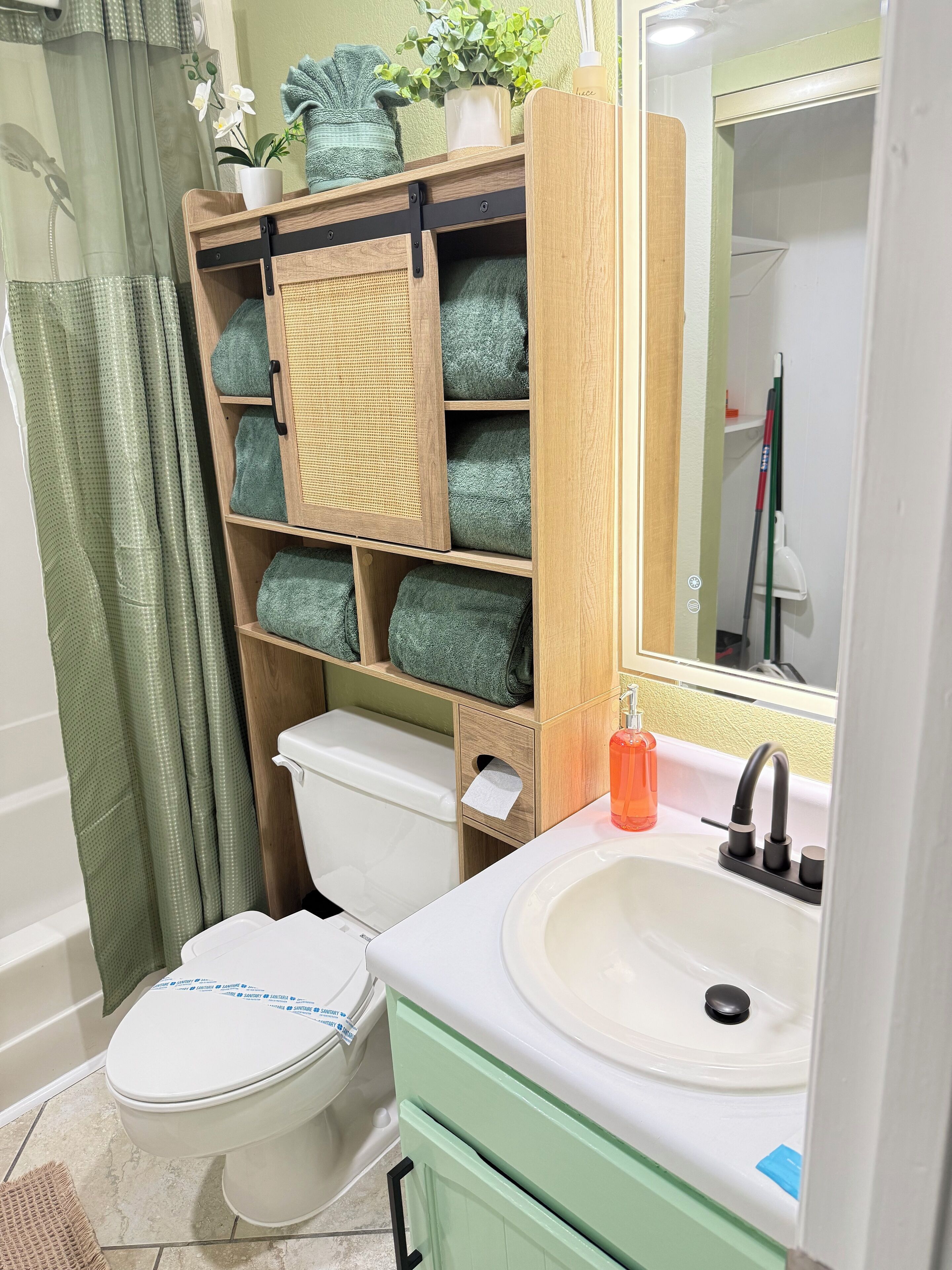 Hair dryer, towels, soap, toilet paper