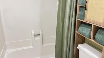 Hair dryer, towels, soap, toilet paper