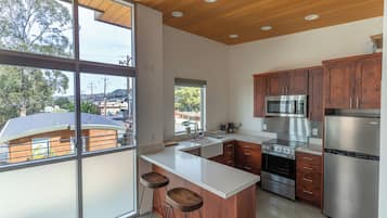 Suíte família, 1 cama Queen e sofá-cama | Cozinha privada | Geladeira grande, micro-ondas, fogão, cooktop