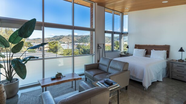 A modern hotel room with a large window, a bed, a sofa, a small table, and a potted plant. - anchor inn pacifica (Pacifica)