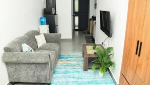 Una sala de estar con un sofá gris, una mesa de centro, un televisor y un aparador de madera.