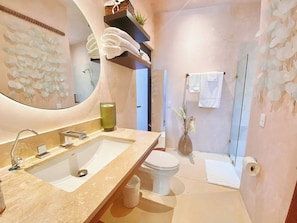 Shower, hair dryer, towels, soap