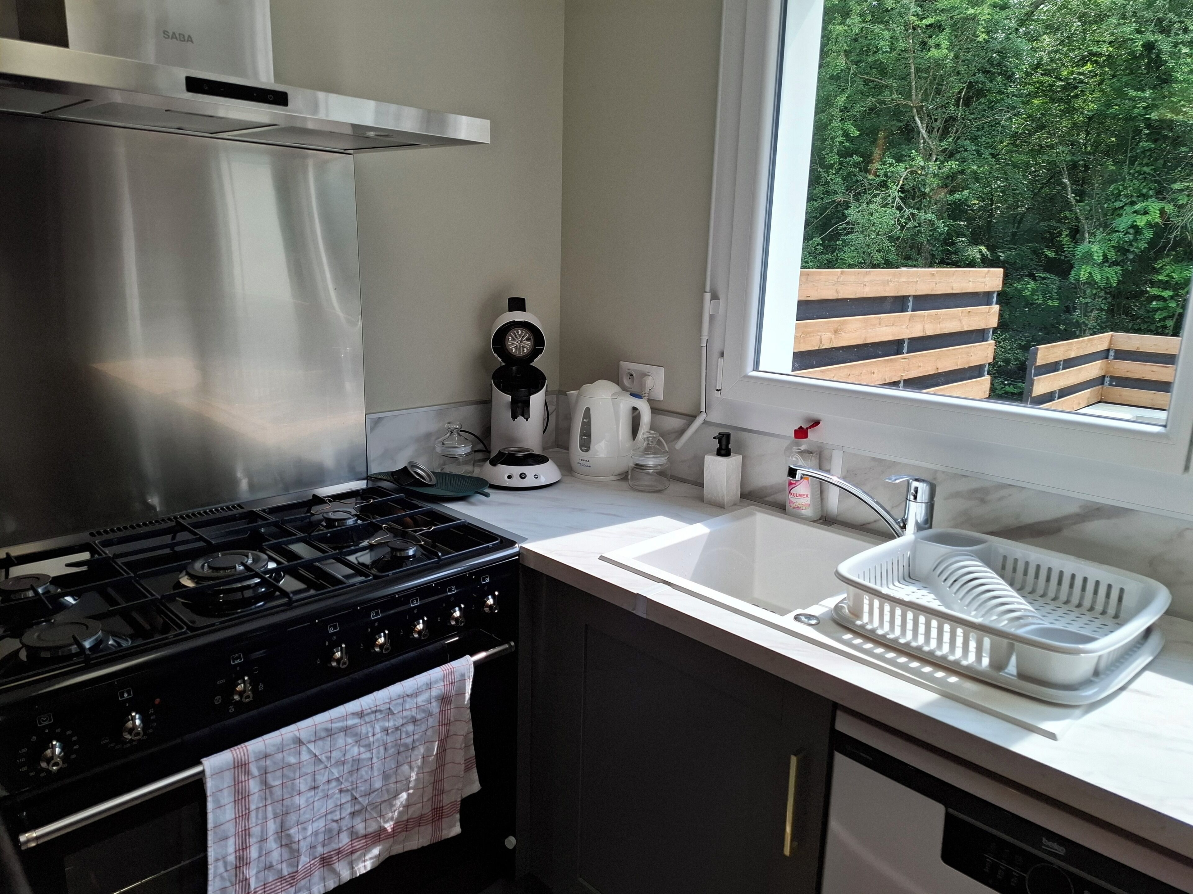 Een magnetron, een oven, een kookplaat, een vaatwasser