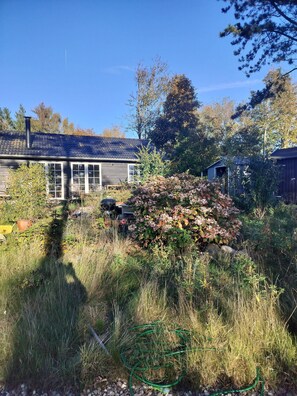 A house with a chimney, a garage, and a garden with a bush.