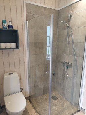 A bathroom with a toilet, a shower enclosure, and a shelf with toiletries.
